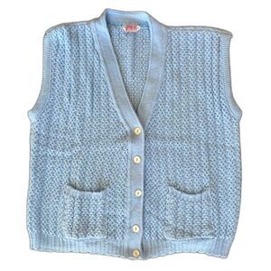80s Vintage Baby Blue Sleeveless Sweater Vest Knit Cardigan Top size XXL
